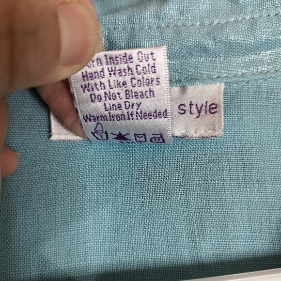 4289)Susan Graver  Aqua Blue Linen Metallic detail Button Up Long Sleeve Top L - Picture 8 of 8